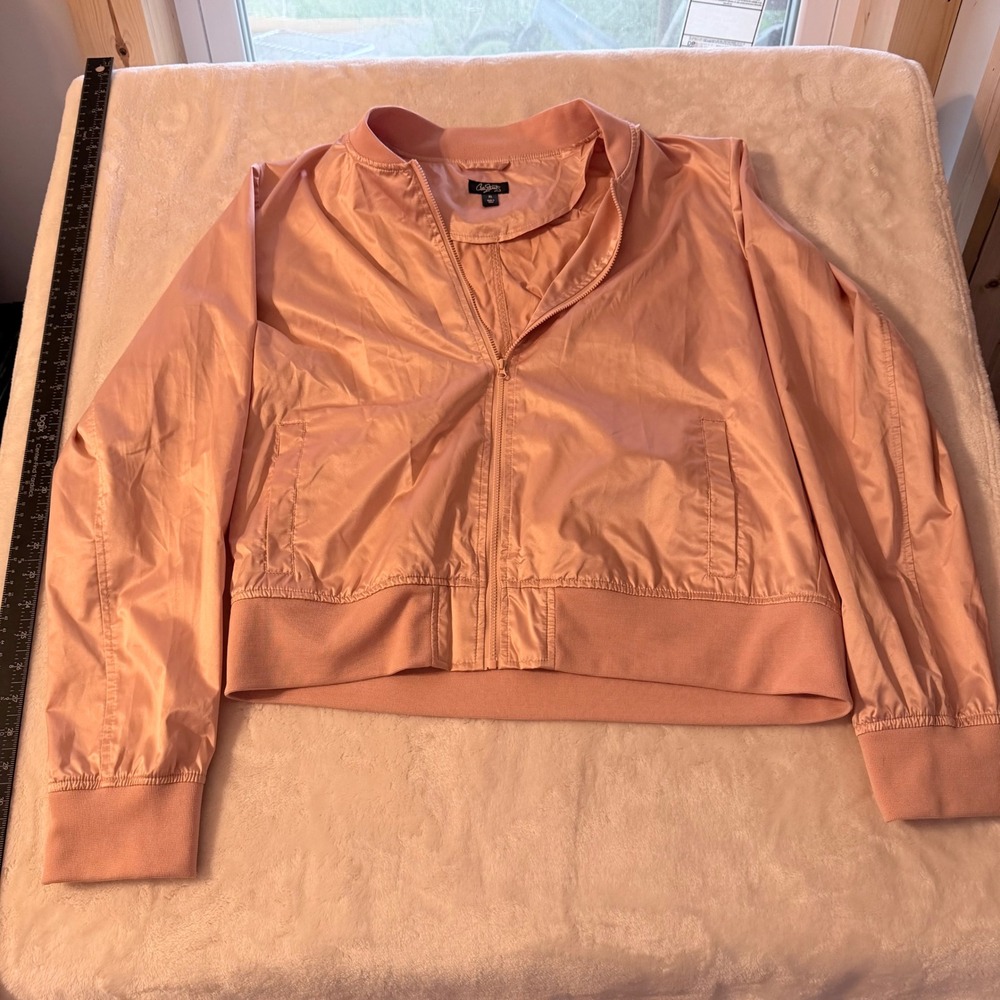 City Streets Womens Pink Satin Bomber Jacket XL Full Zip Lightweight Ribbed Trim
